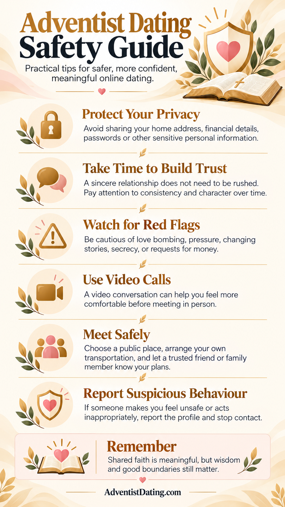 Adventist Dating Safety Guide with tips for protecting your privacy, building trust, recognizing red flags, using video calls, meeting safely and reporting suspicious behaviour